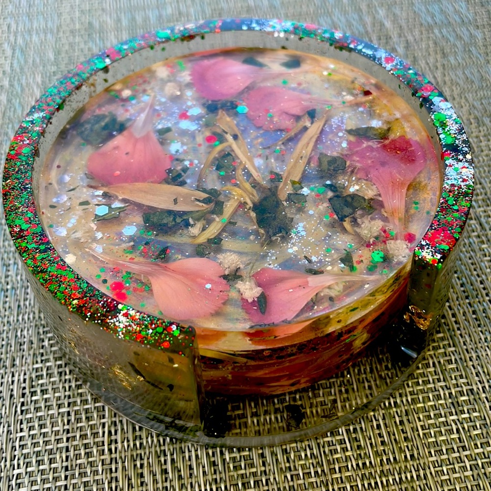 XMAS Handmade Pressed Flower Holiday Coaster Set and Holder